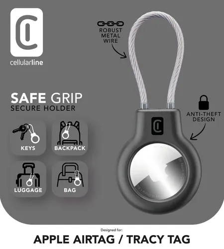 Cellularline Safe Grip Ultra Dayanıklı Sert AirTag/Tracy Tag Kılıfı, Metal Kablo ve Güvenlik Anahtarı ile