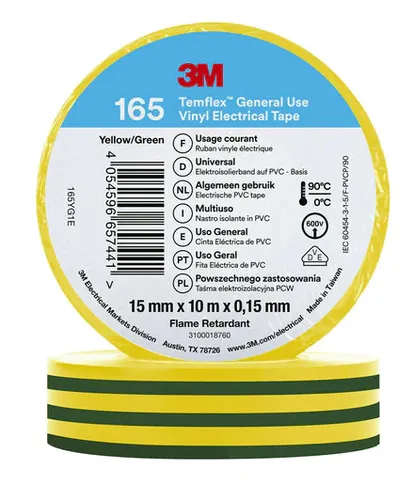 Resim 3M 165YG1E Elektrik Bandı - Sarı/Yeşil, 1.65cm x 10m
