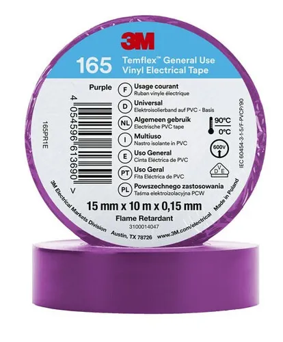 Resim 3M 165PR1E Elektrik Bandı - 25.4 mm x 9.1 m, Vinil, 600V, Alev Geciktirici