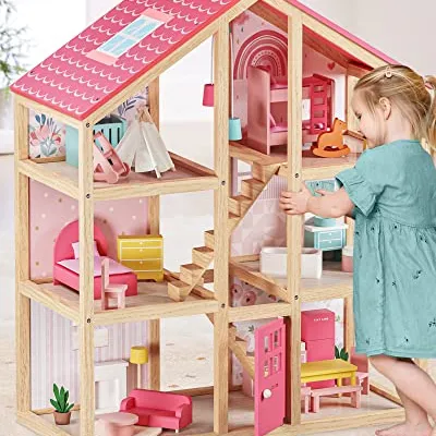 Tiny Land 6 Odalı Pembe Ahşap Oyuncak Bebek Evi