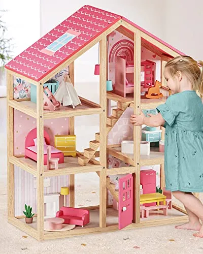 Resim Tiny Land 6 Odalı Pembe Ahşap Oyuncak Bebek Evi